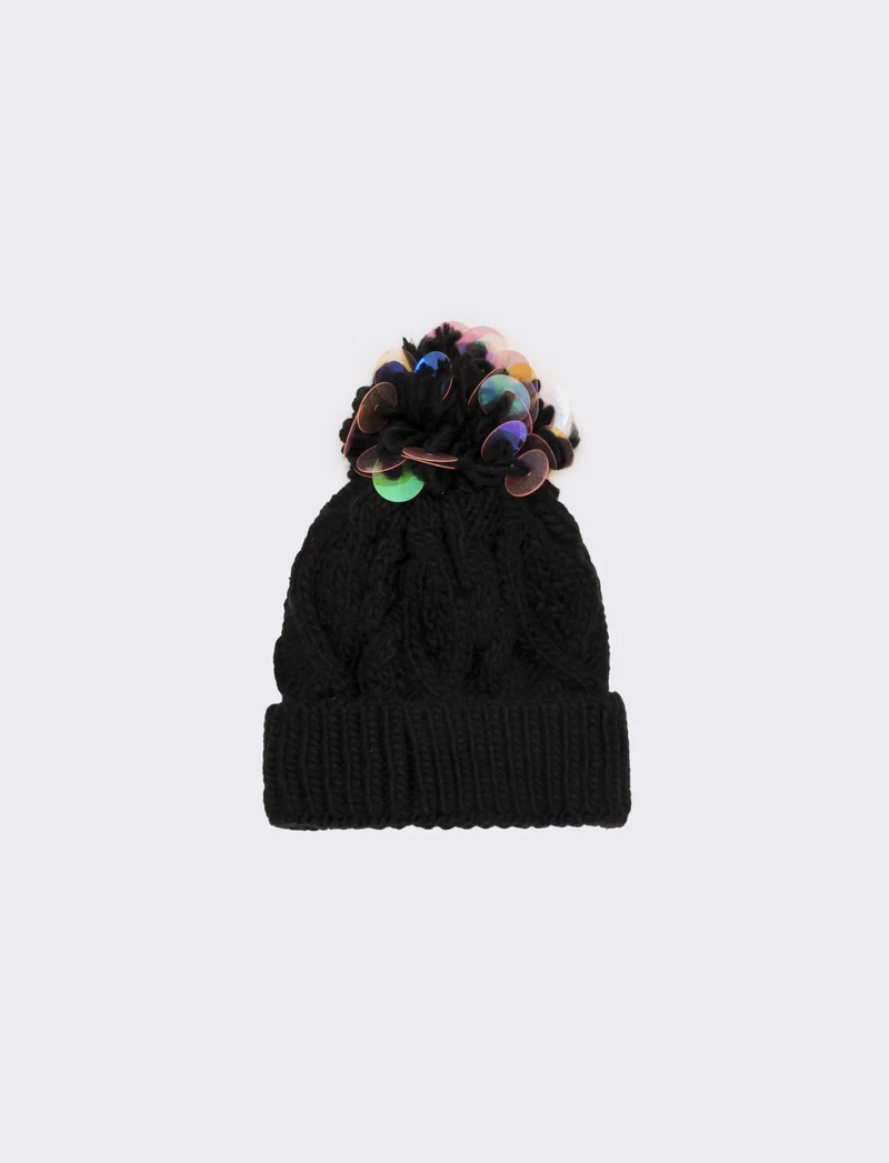 Cappello paillettes grandi pon pon - Nero