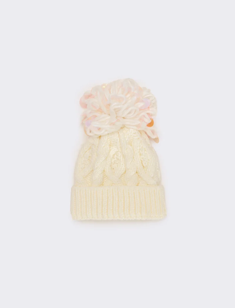 Cappello paillettes grandi pon pon - Bianco sporco