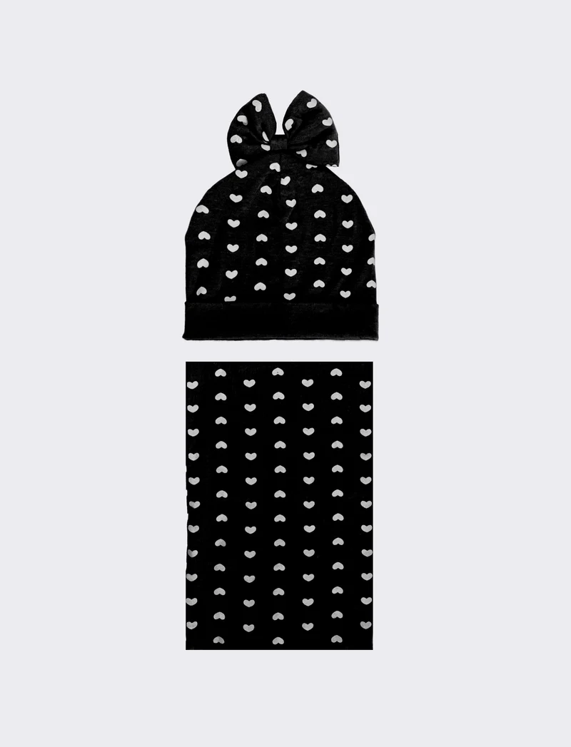 Set cappello e collo stampa cuori - Nero