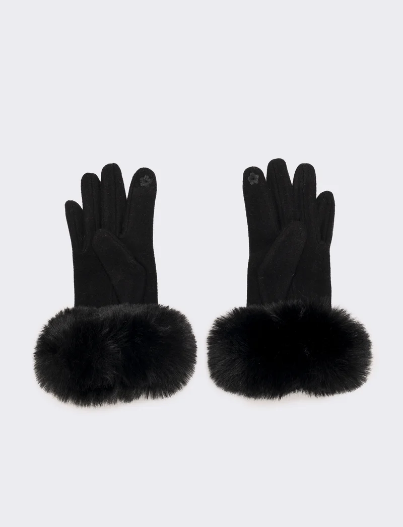 Guanti con polsino in pelliccia sintetica - Nero