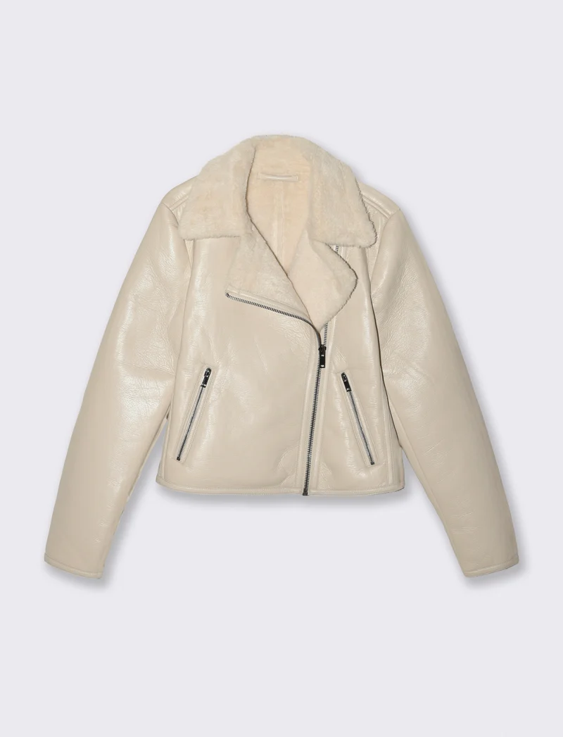 GIUBBOTTO MODELLO CHIODO CON INTERNO IN TESSUTO EFFETTO SHEARLING - Bianco gesso