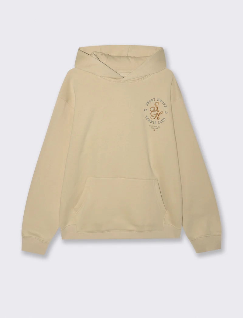 FELPA CON CAPPUCCIO , STAMPE E RICAMI - Beige