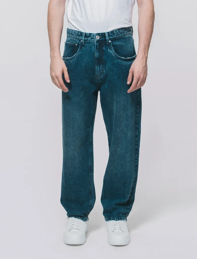 Jeans Baggy Fit Blu Scuro Effetto Slavato - DENIM SCURO
