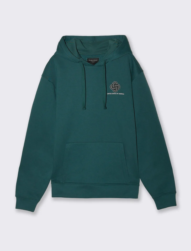 Felpa con cappuccio e stampe a contrasto - Verde petrolio