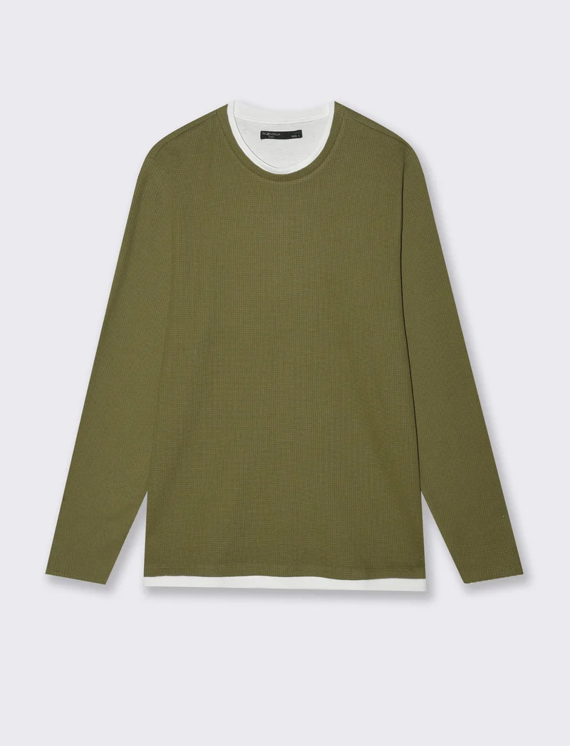 Maglia girocollo waffel in misto cotone - Verde oliva