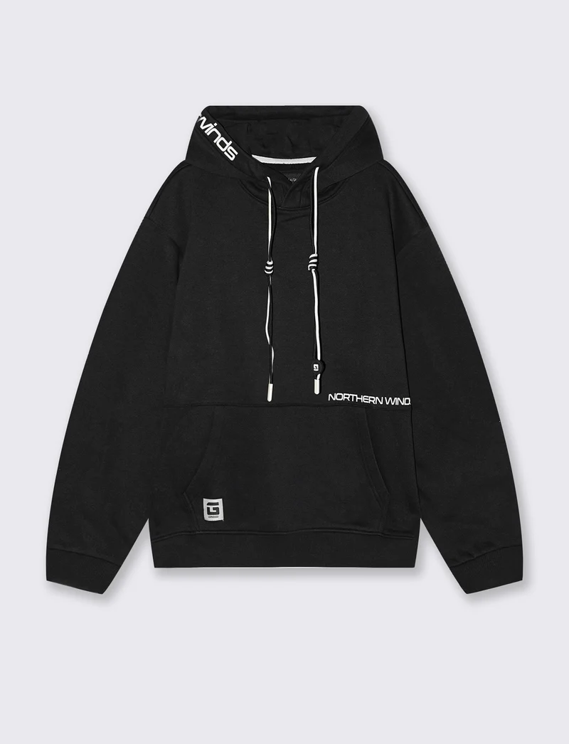 FELPA BOXY FIT CON CAPPUCCIO E STAMPA - Nero