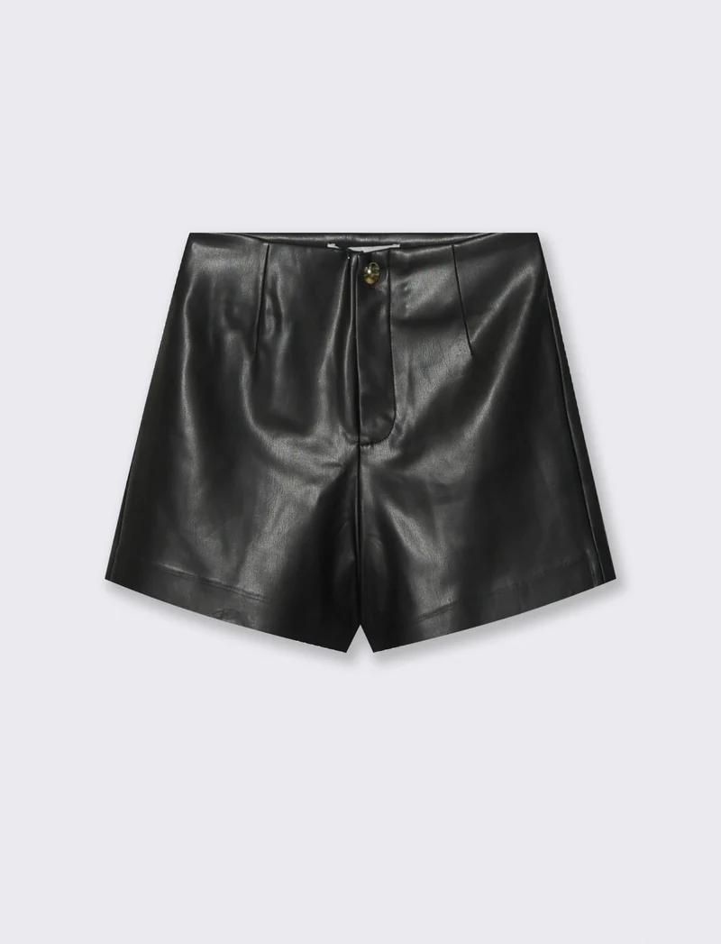 Short in Tessuto Effetto Pelle Vita Alta - Nero