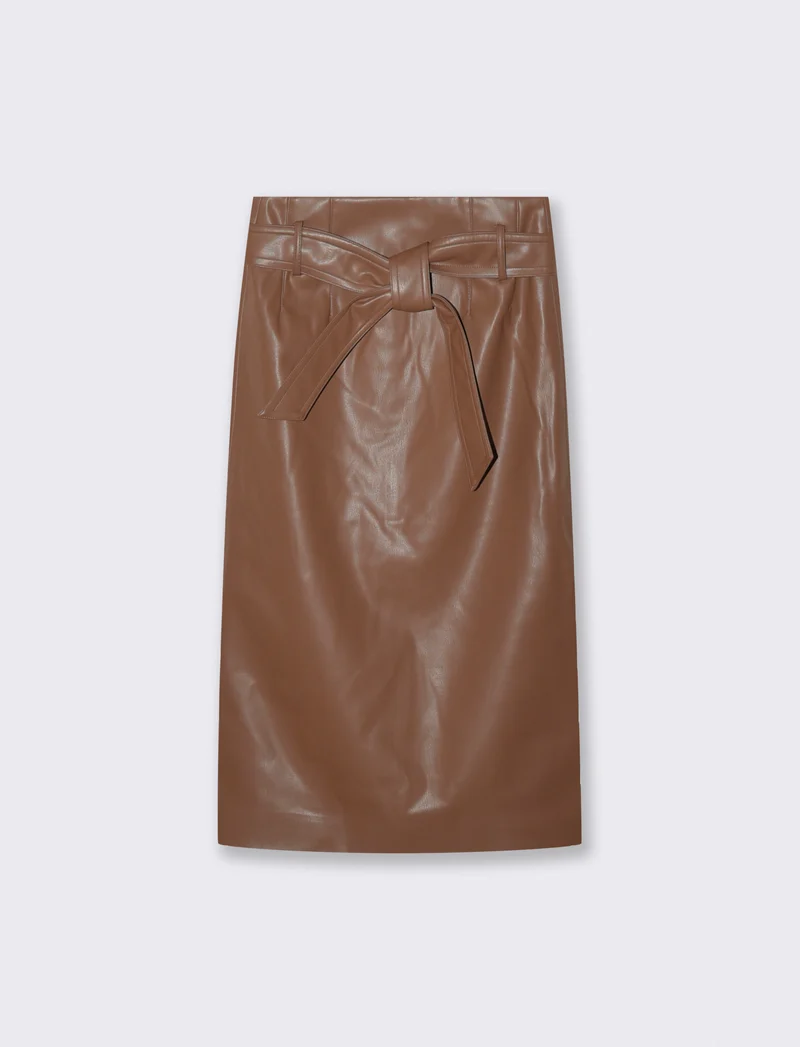 Gonna Longuette in Tessuto Effetto Pelle - Marrone