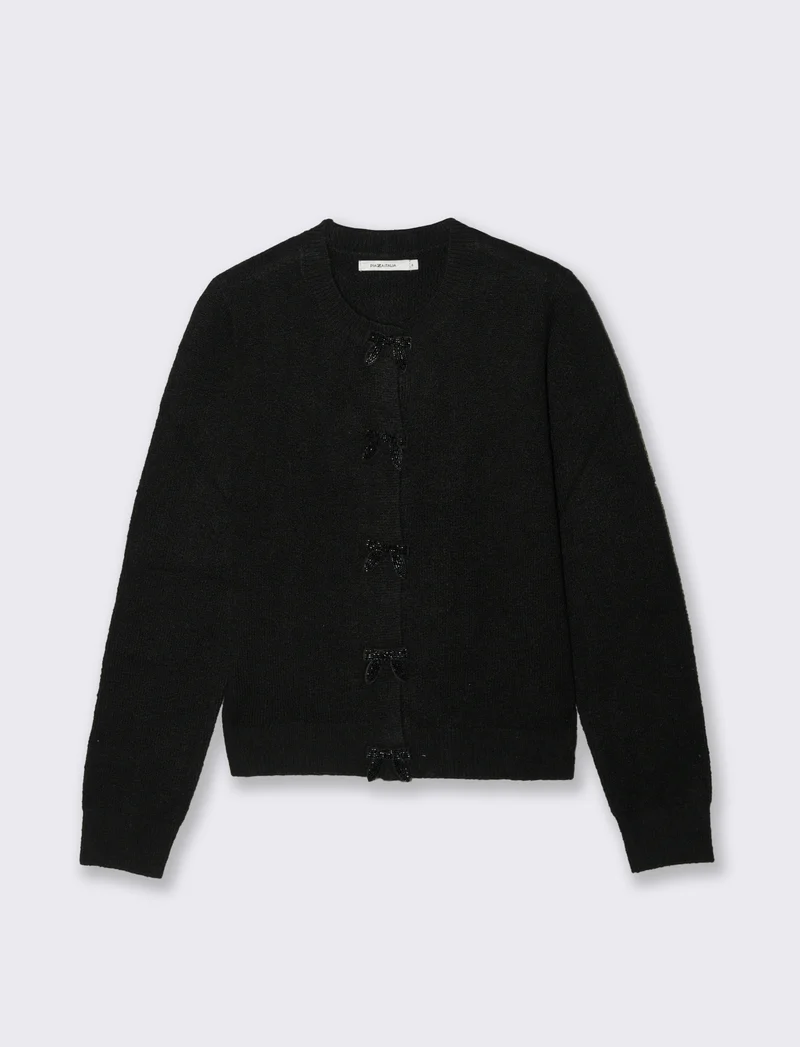 Cardigan Manica Lunga con Fiori e Bottoni - Nero