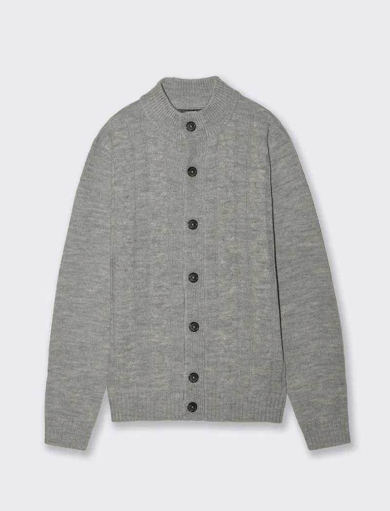 MAGLIA CARDIGAN JACQUARD A TRECCE - Grigio mel.