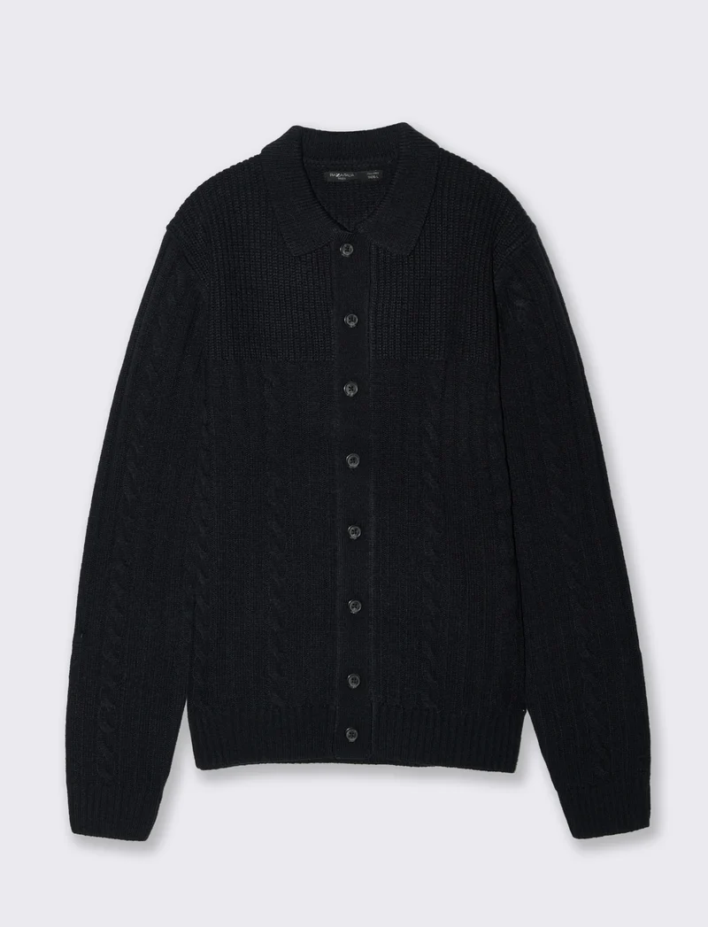 MAGLIA JACQUARD A TRECCE MODELLO POLO CARDIGAN - Blu