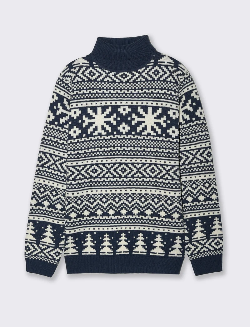 MAGLIA COLLO ALTO FANTASIA JACQUARD - Blu