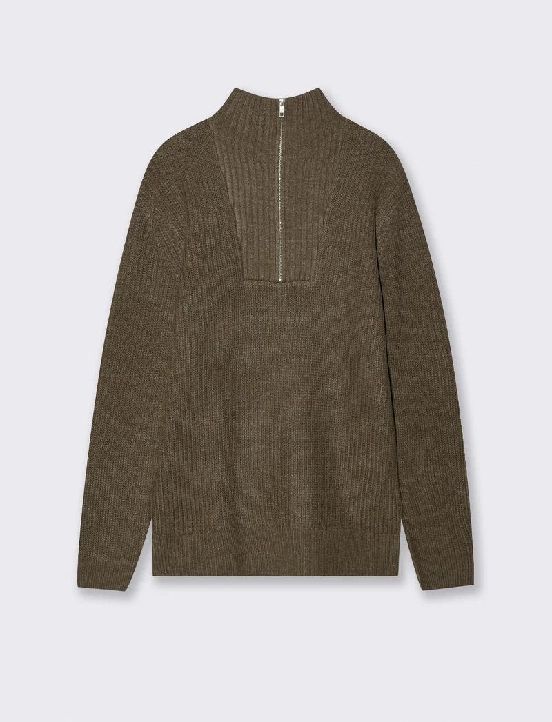MAGLIA CON COLLO A CERNIERA E TEXTURE - Grigio fango