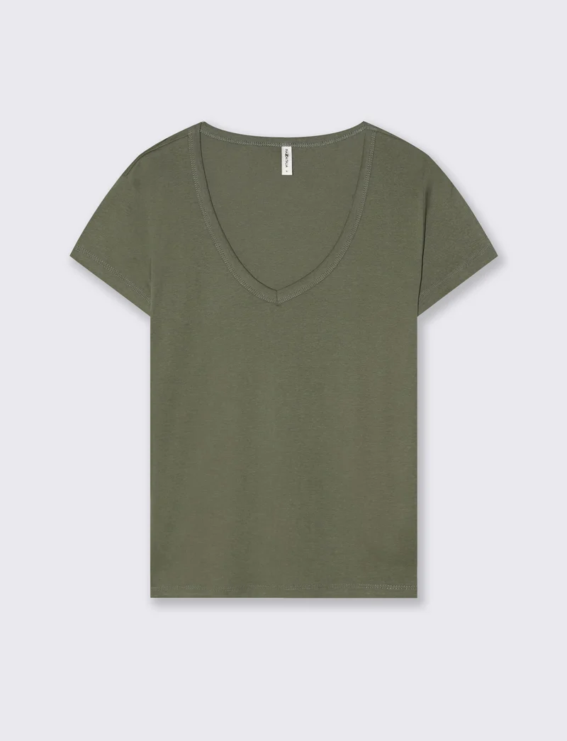 T-Shirt Basic Scollo a V e Coste - Verde salvia