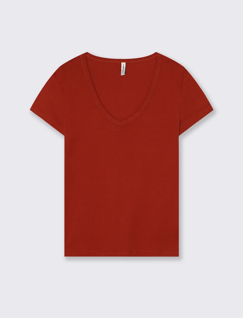 T-Shirt Basic Scollo a V e Coste - Ruggine