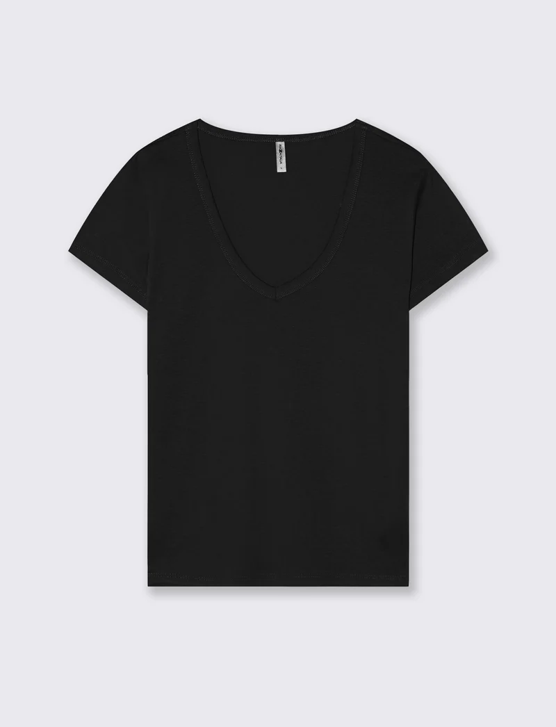 T-Shirt Basic Scollo a V e Coste - Nero