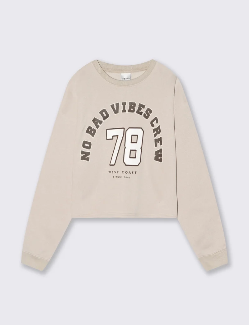 Felpa crop manica lunga con stampa - Beige grano