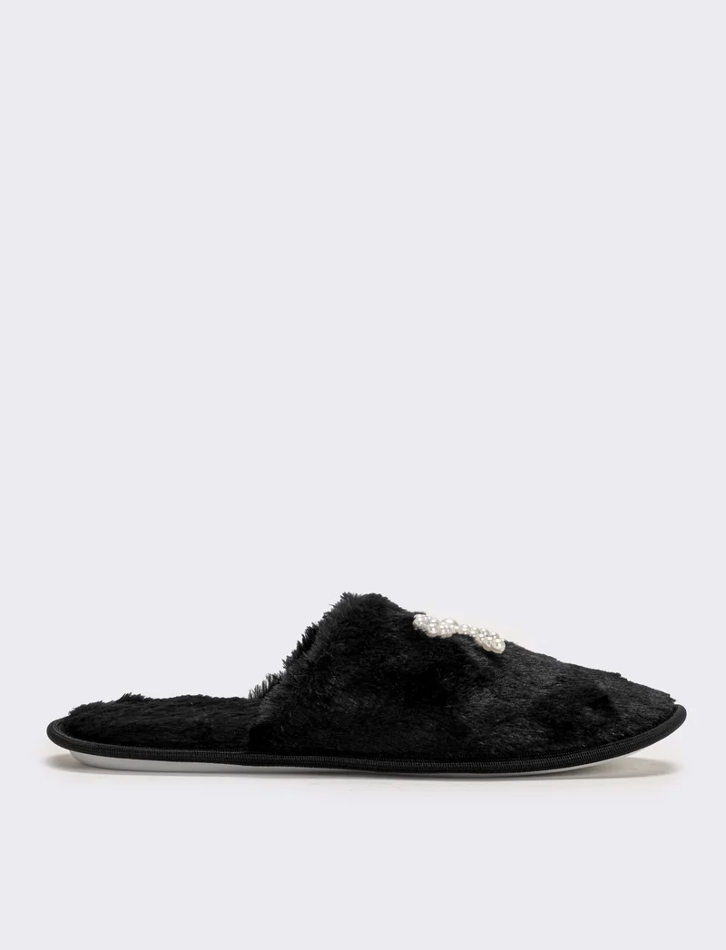 Pantofola da donna con fiocco di perle - Nero