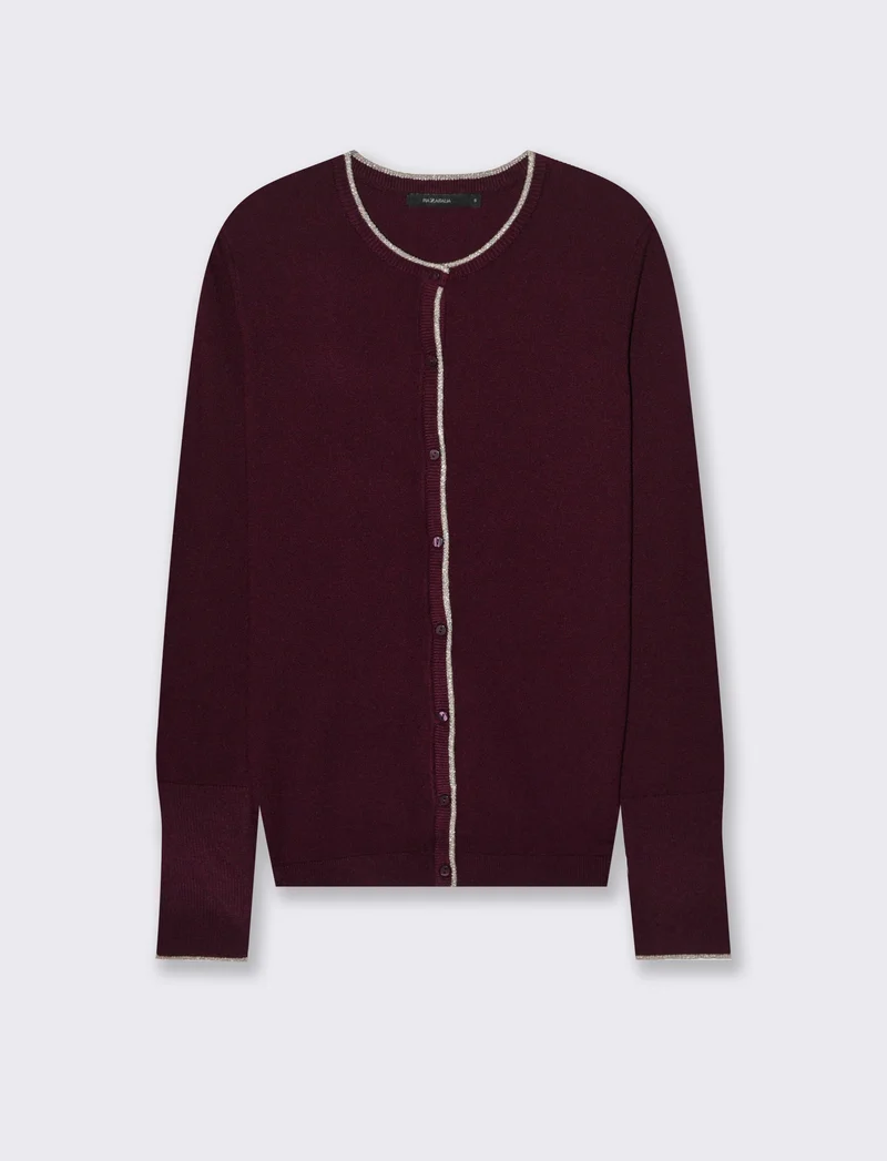 CARDIGAN CON BORDINO IN TESSUTO CON FIBRA EFFETTO METALLO - Bordeaux