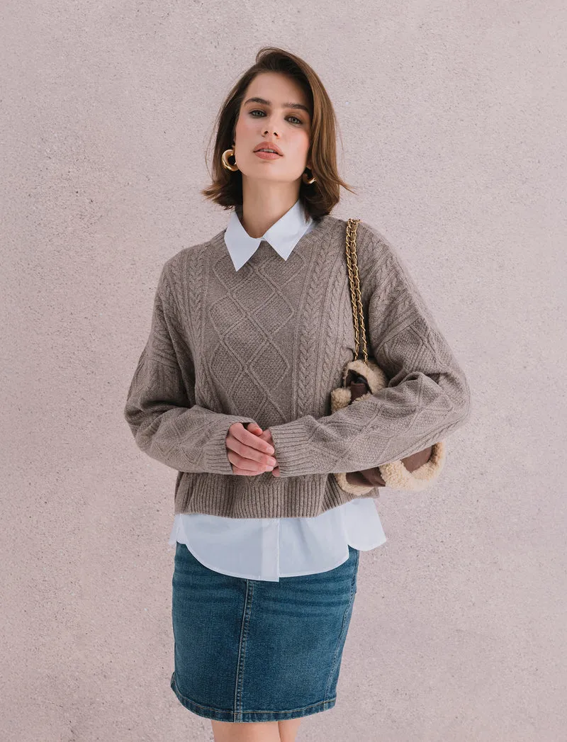 Maglia manica lunga girocollo crop con lavorazione a trecce - Tortora melange