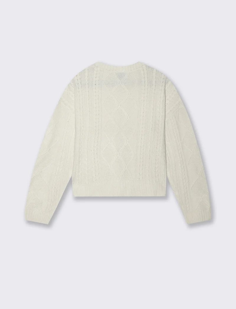 Maglia manica lunga girocollo crop con lavorazione a trecce - Avorio
