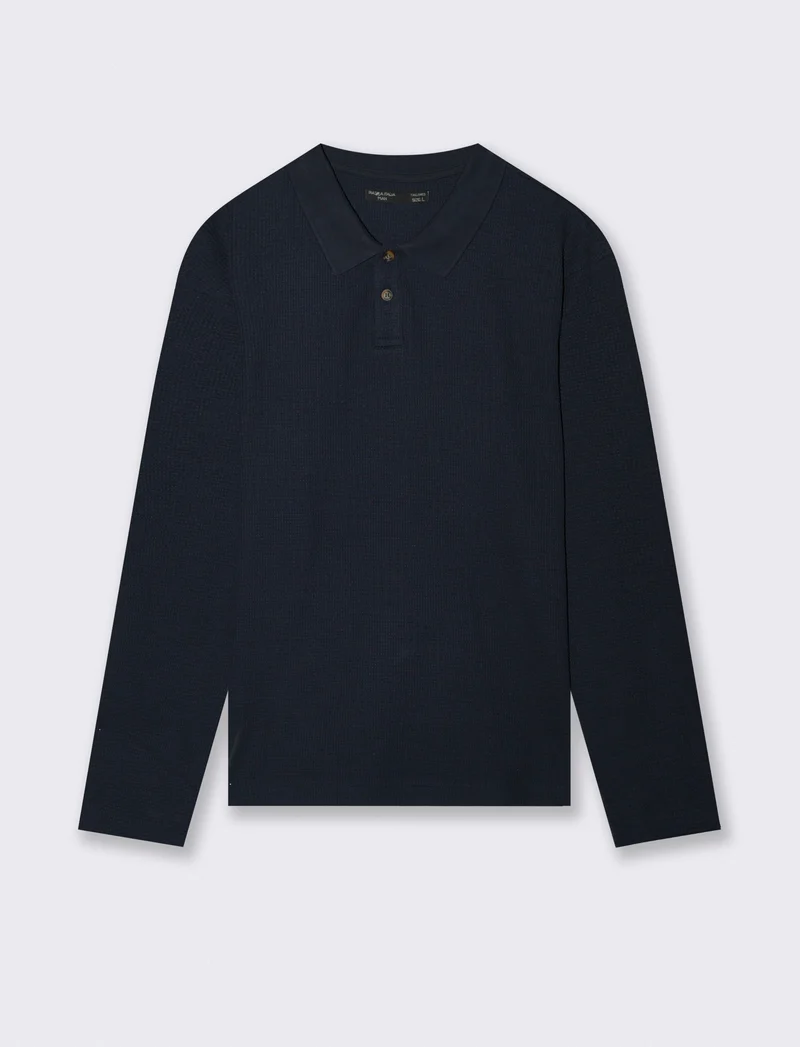 POLO WAFFLE JACQUARD MANICHE LUNGHE - Blu