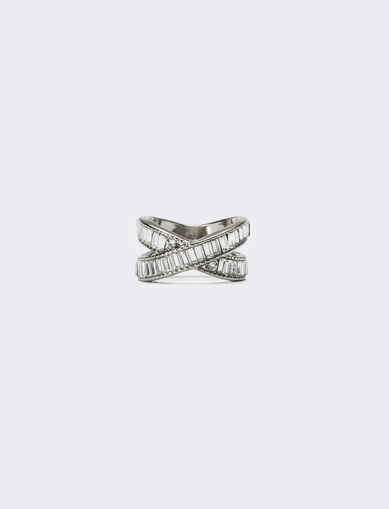 Anello donna ad incrocio con strass a baguette - Argento