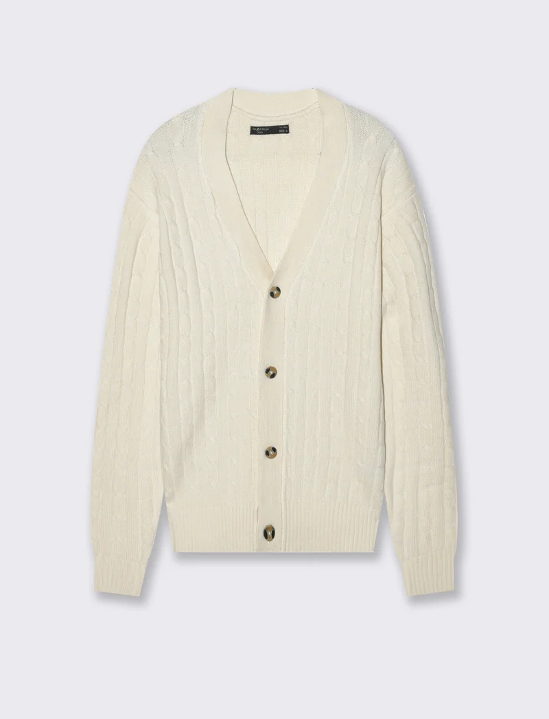MAGLIA CARDIGAN A TRECCE: - Beige ecru