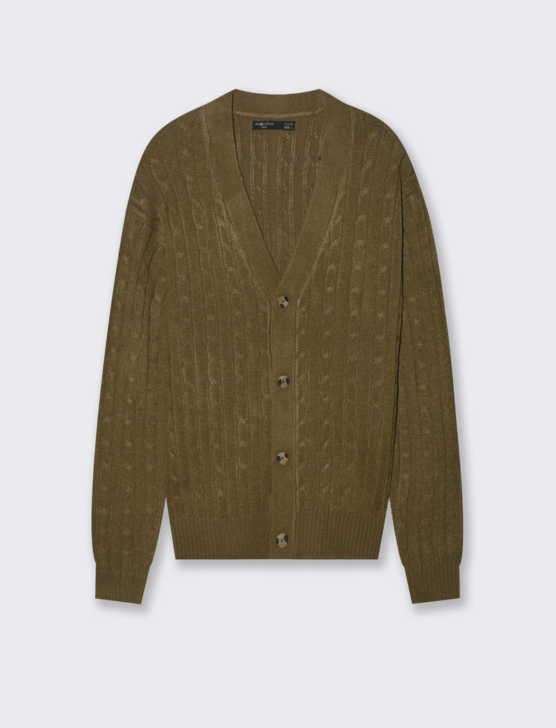 MAGLIA CARDIGAN A TRECCE: - Grigio fango