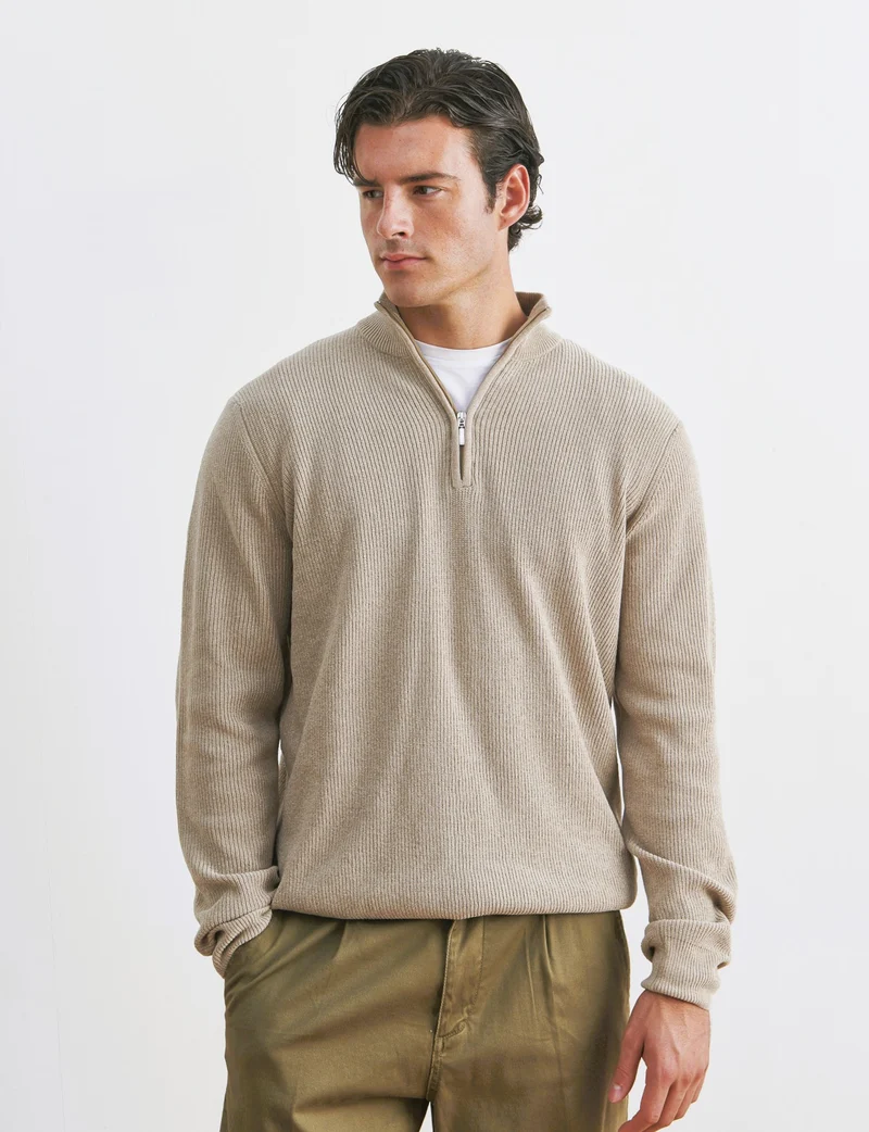 MAGLIA COLLO ALTO ZIP IN CINIGLIA - Beige