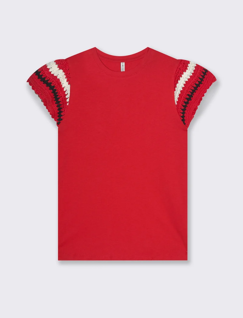 T-shirt con lavorazione crochet da donna - Rosso scarlatto