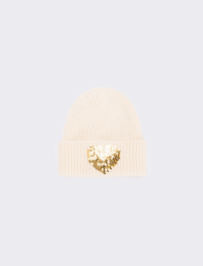 Cappello con cuore paillettes - Bianco sporco