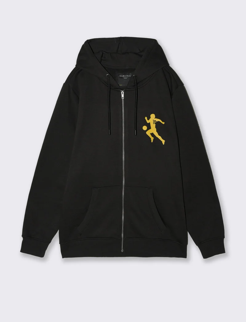 FELPA CON CAPPUCCIO, CERNIERA E STAMPE DIOS - Nero giallo