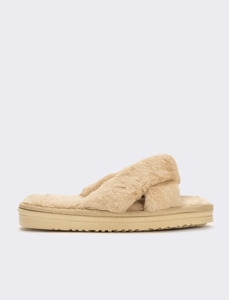 Pantofola aperta effetto furry da donna - Beige