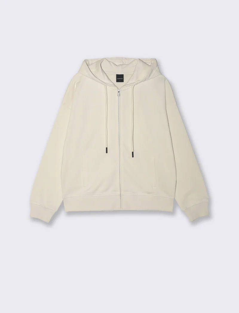 FELPA CON CAPPUCCIO E ZIP - Bianco gesso