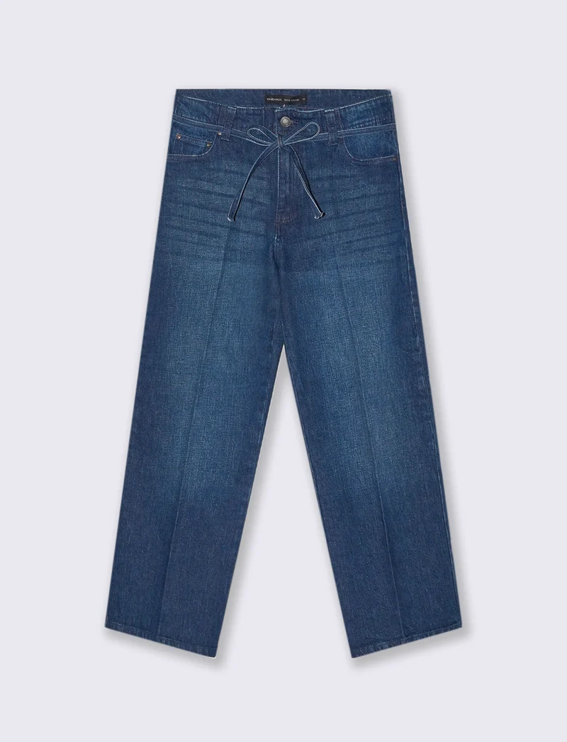 JEANS STRAIGHT CROP CON CINTURA IN TESSUTO - Denim