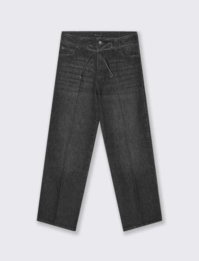 JEANS STRAIGHT CROP CON CINTURA IN TESSUTO - Grigio
