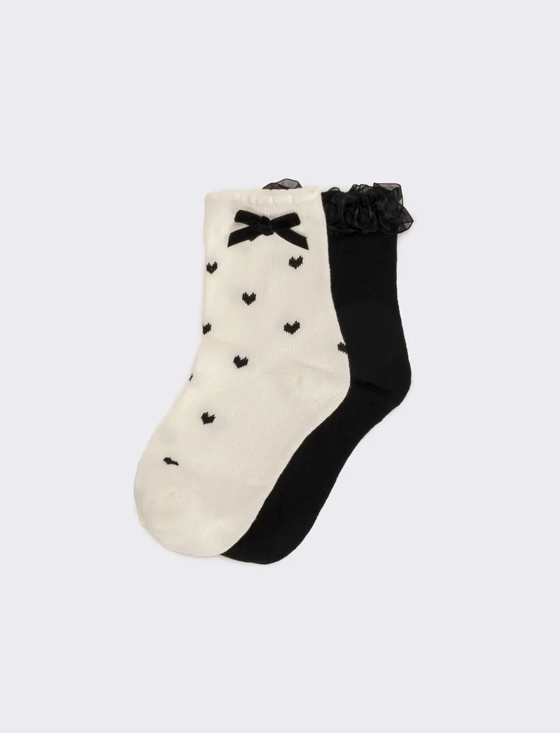 Calzini bambina 2 paia con fiocco e rouche - Nero