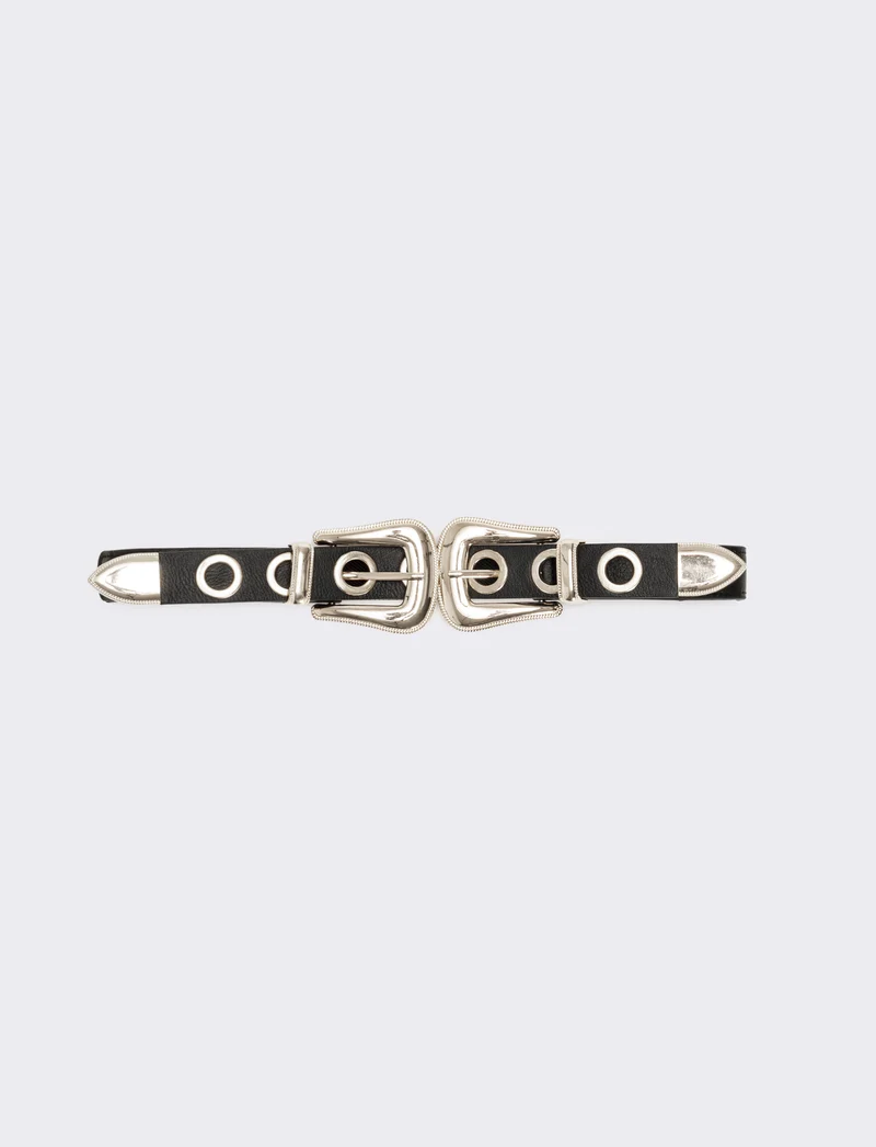 Cintura donna elastica doppia fibbia e occhielli metallo - Nero-argento