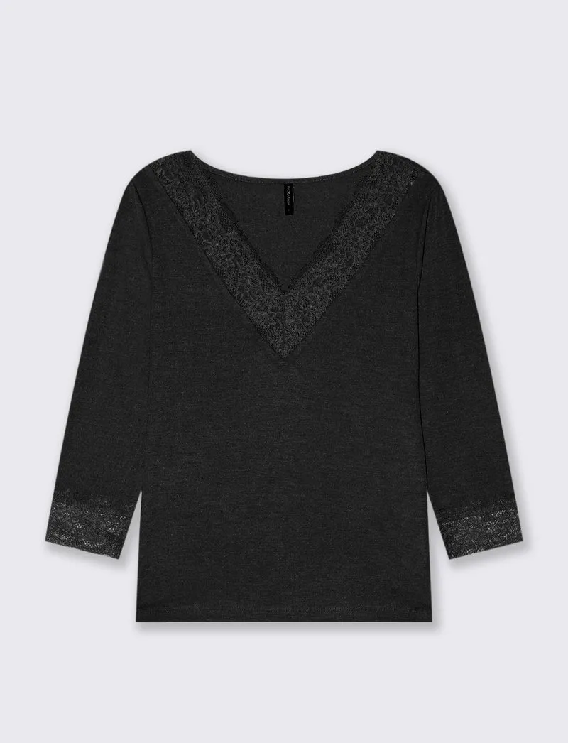 T-SHIRT CON PIZZO - Nero