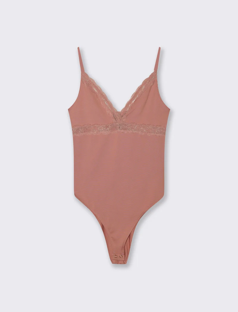 BODY CON INSIERTI IN PIZZO - Rosa polvere