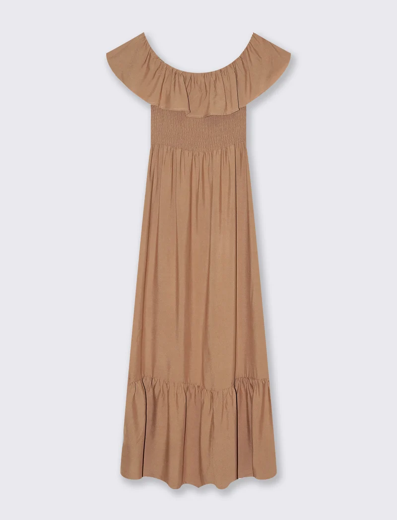 Vestito lungo off shoulder da donna - Caramello
