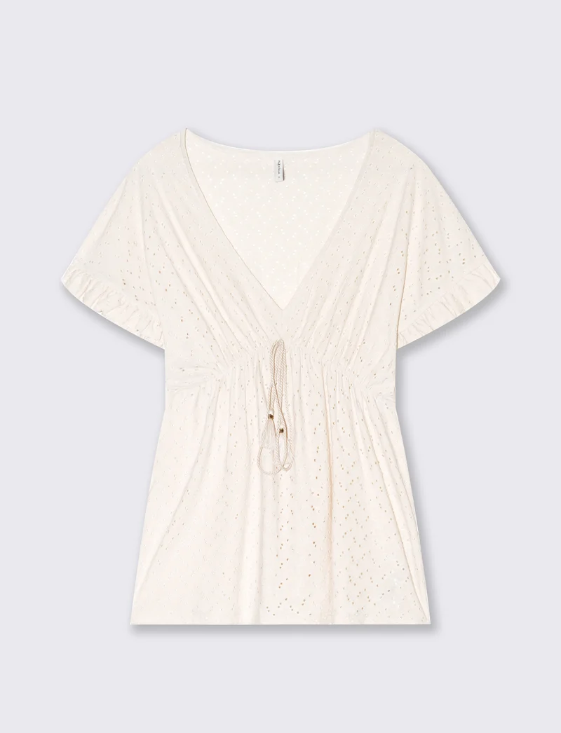 T-shirt in pizzo con elastico in vita da donna - Avorio