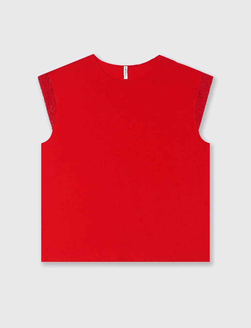 T-shirt con inserto in pizzo da donna - Rosso scarlatto