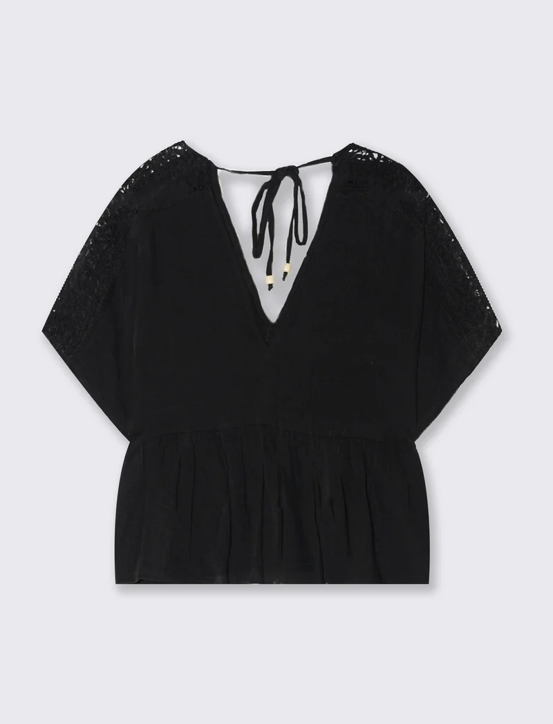 Top con inserto di pizzo da donna - Nero