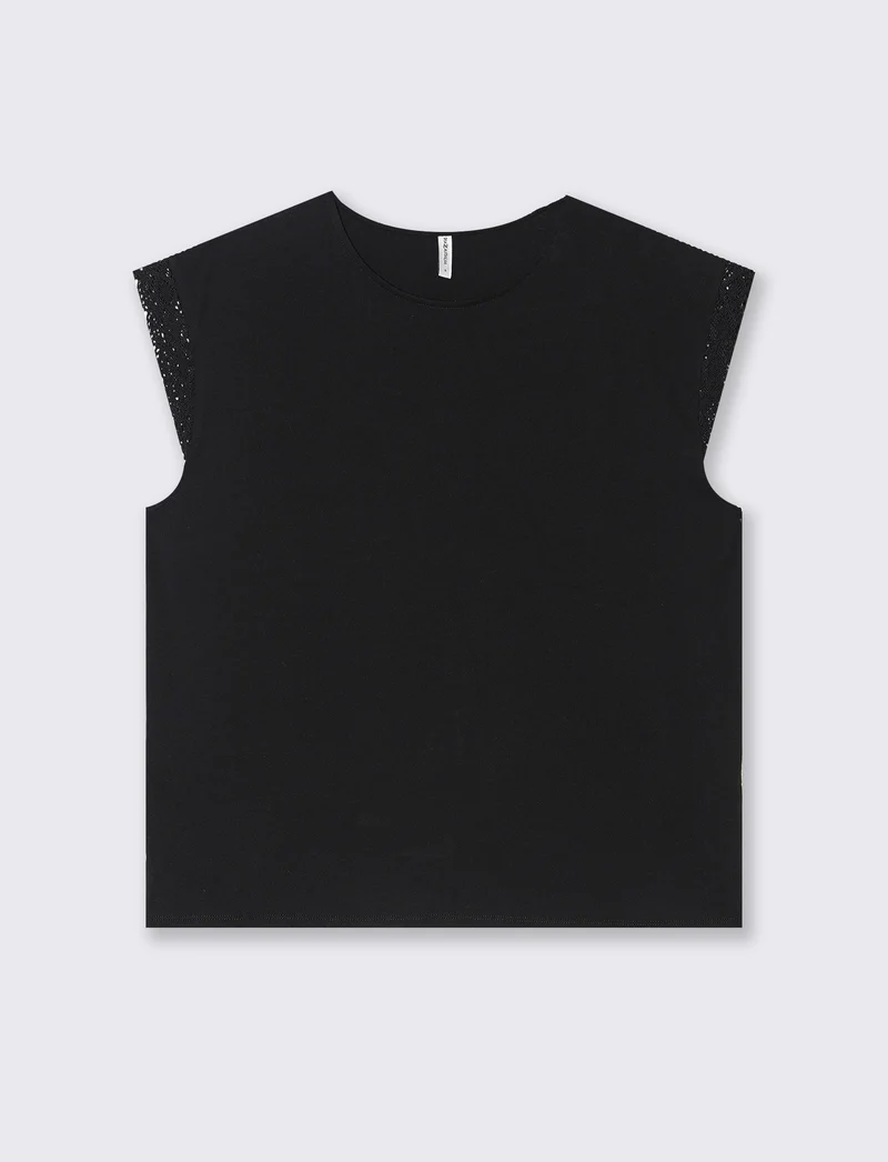 T-shirt con inserto in pizzo da donna - Nero