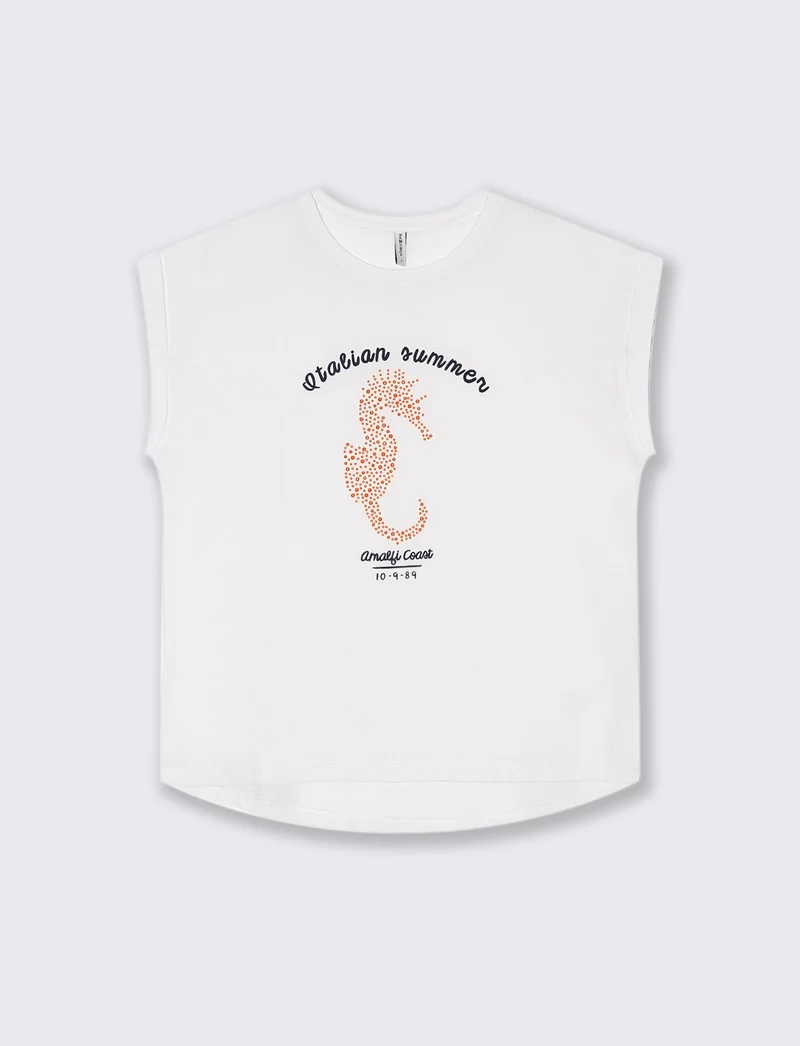 T-shirt con stampa e perline da donna - Bianco
