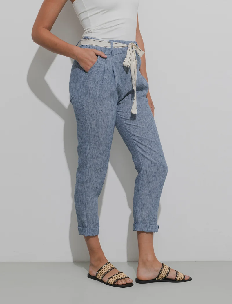 Pantalone con elastico in vita e cintura - Denim