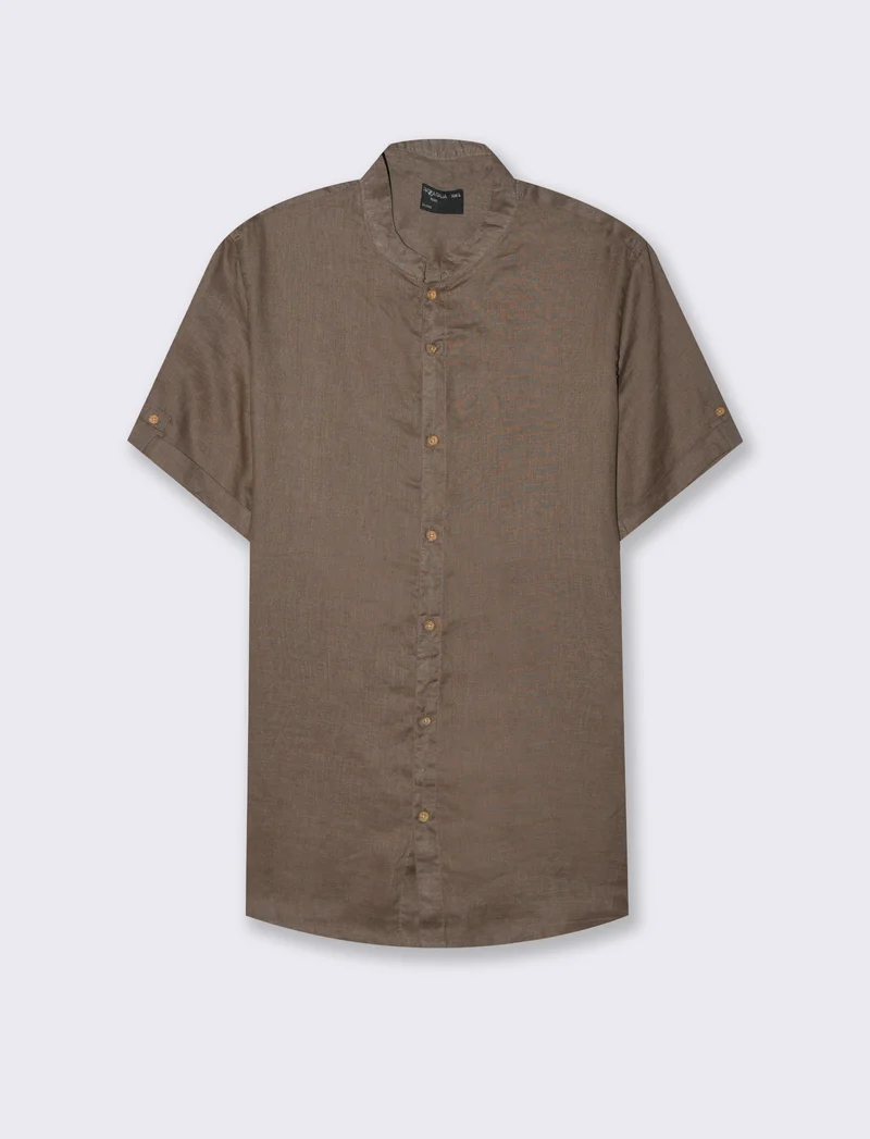 Camicia coreana manica corta 100% lino da uomo - Grigio fango