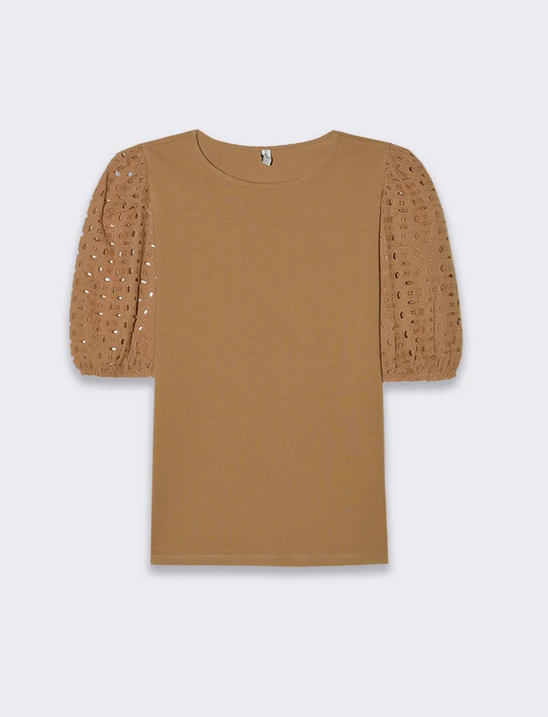 T-shirt con maniche in pizzo da donna - Caramello